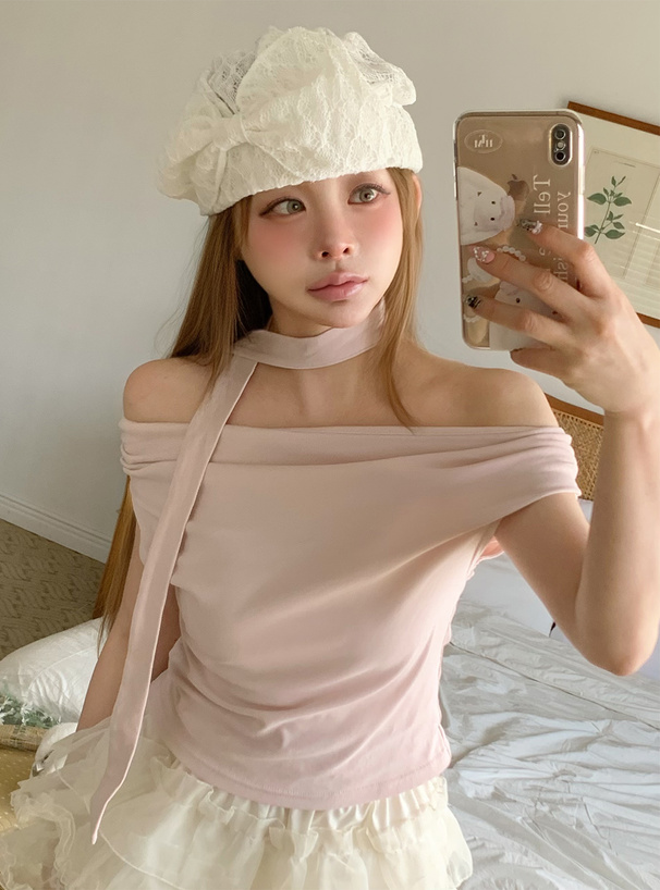 タイ付きオフショルダードレープトップス