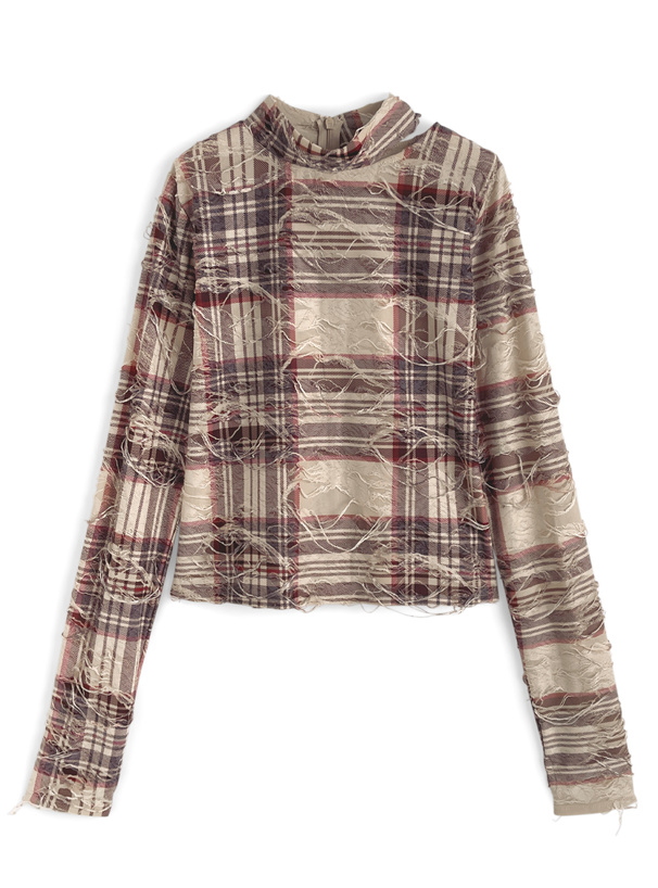 チェック柄ダメージデザイントップス[ru1346] | レディース