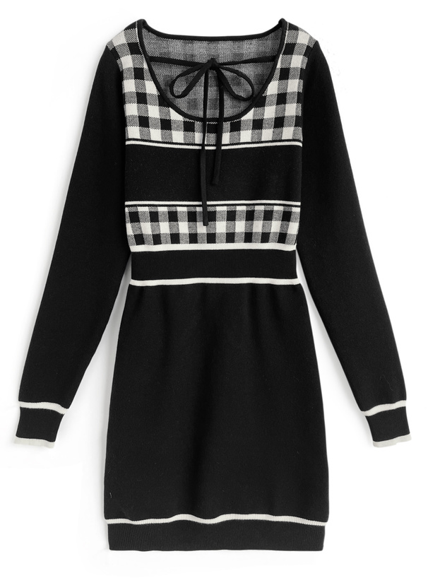 ギンガムチェック柄配色ラインニットミニワンピース[ru1353]
