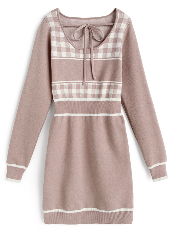 ギンガムチェック柄配色ラインニットミニワンピース[ru1353