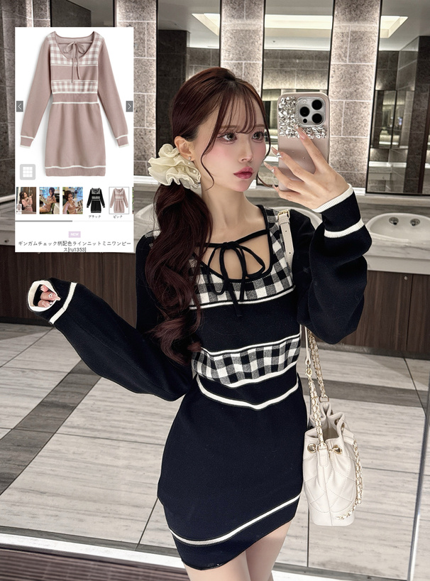ギンガムチェック柄配色ラインニットミニワンピース[ru1353
