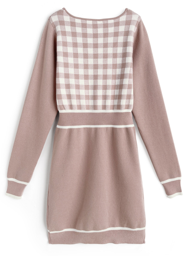 ギンガムチェック柄配色ラインニットミニワンピース[ru1353