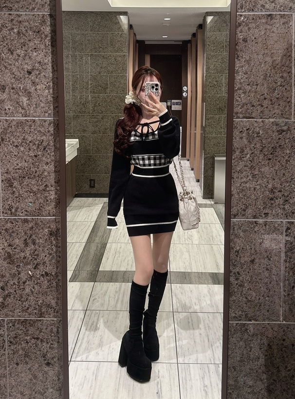 ギンガムチェック柄配色ラインニットミニワンピース[ru1353