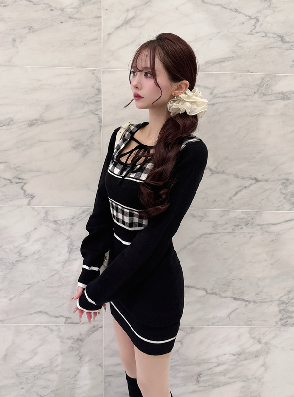 ギンガムチェック柄配色ラインニットミニワンピース[ru1353