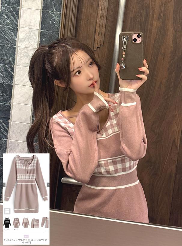 ギンガムチェック柄配色ラインニットミニワンピース