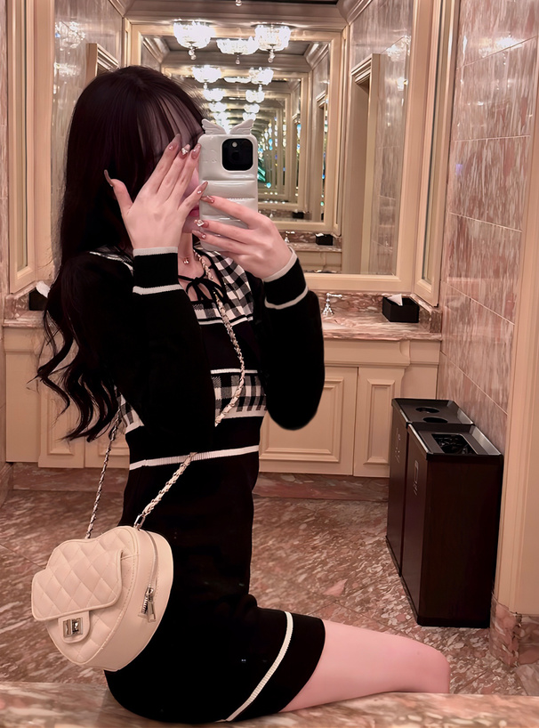 ギンガムチェック柄配色ラインニットミニワンピース[ru1353