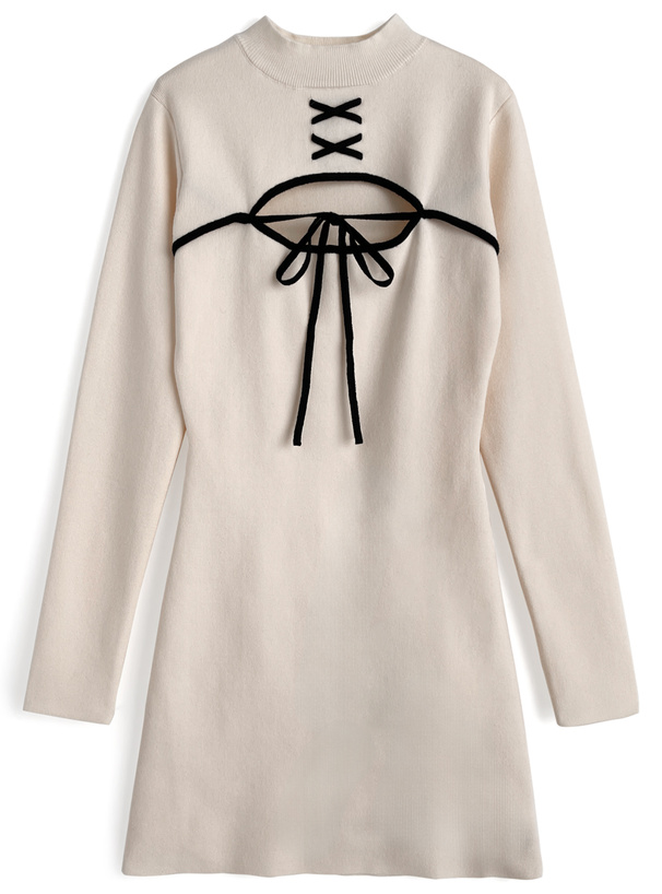 フロントオープン配色リボンワンピース