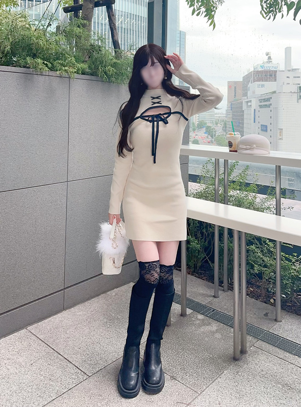 フロントオープン配色リボンワンピース