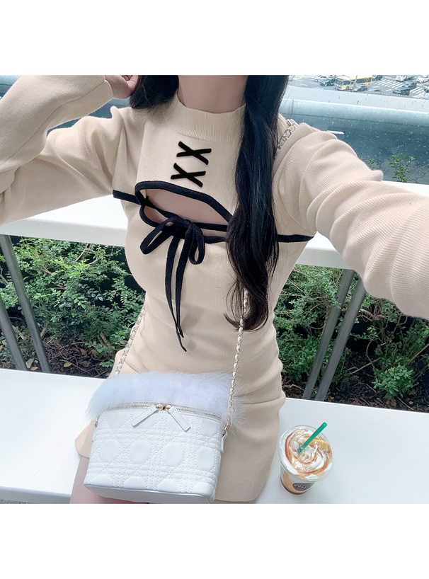 フロントオープン配色リボンワンピース