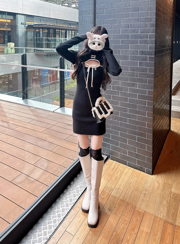 フロントオープン配色リボンワンピース