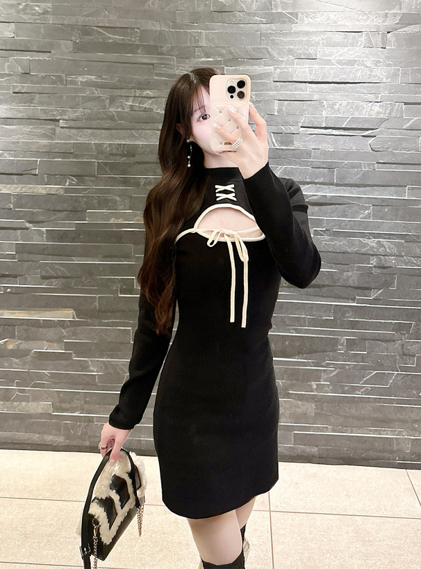 フロントオープン配色リボンワンピース