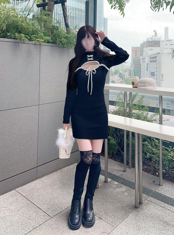 フロントオープン配色リボンワンピース