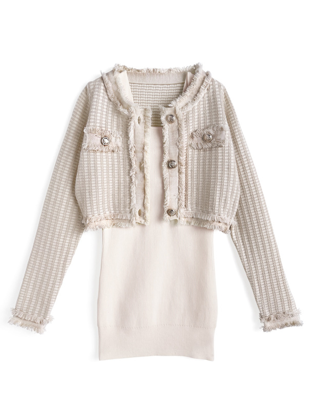 フリンジツイードカーディガン×リブミニワンピースニットセットアップ