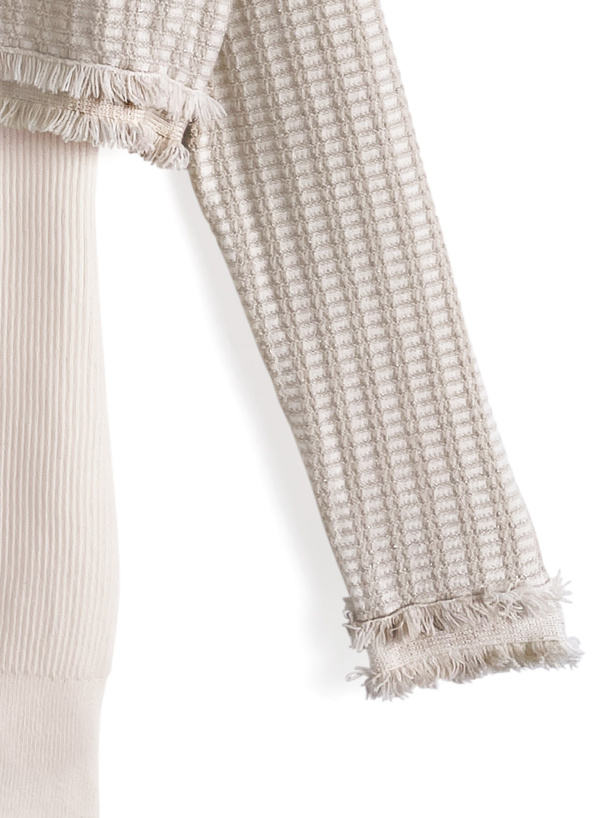 フリンジツイードカーディガン×リブミニワンピースニットセットアップ