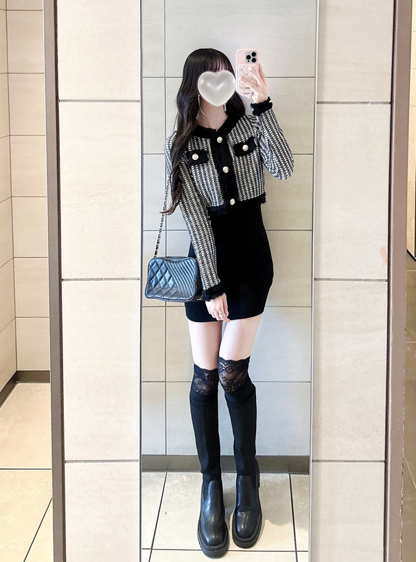 フリンジツイードカーディガン×リブミニワンピースニットセットアップ