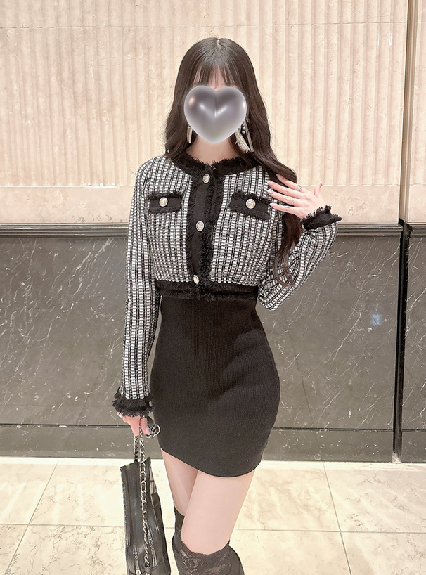 フリンジツイードカーディガン×リブミニワンピースニットセットアップ