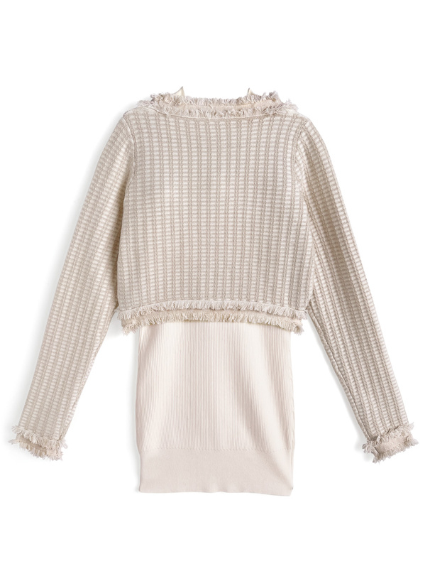 フリンジツイードカーディガン×リブミニワンピースニットセットアップ