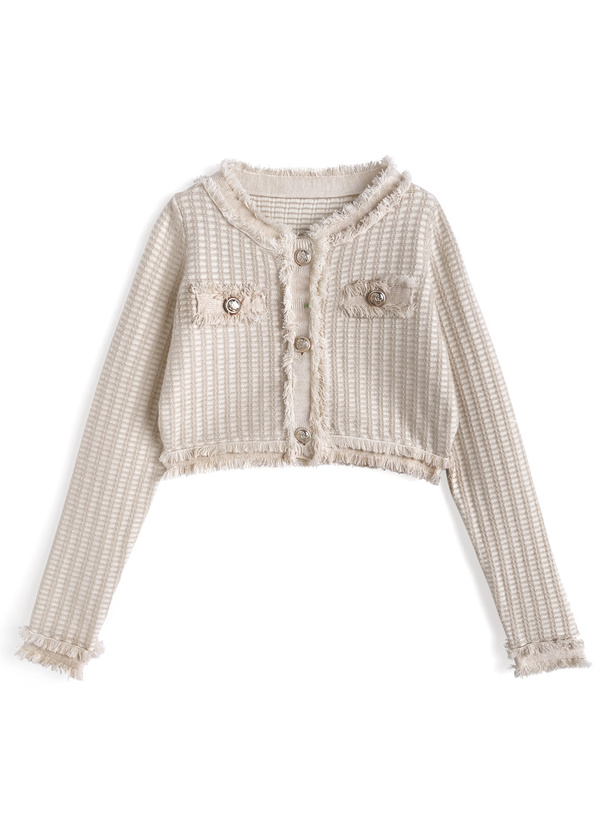 フリンジツイードカーディガン×リブミニワンピースニットセットアップ