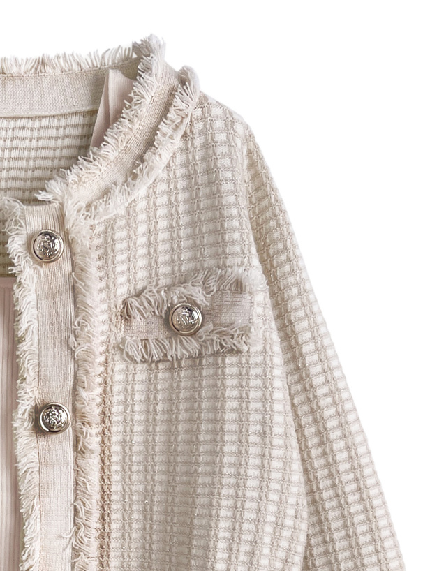 フリンジツイードカーディガン×リブミニワンピースニットセットアップ