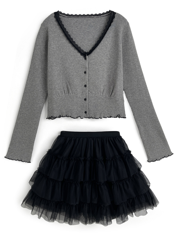 レースリブニットカーディガン×チュールティアードミニスカート