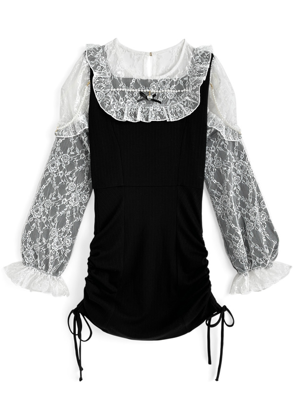 パールストラップ付きレースドッキングドロストリボンワンピース[ru1359]