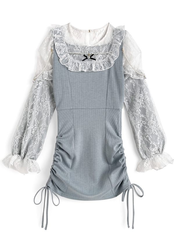 パールストラップ付きレースドッキングドロストリボンワンピース