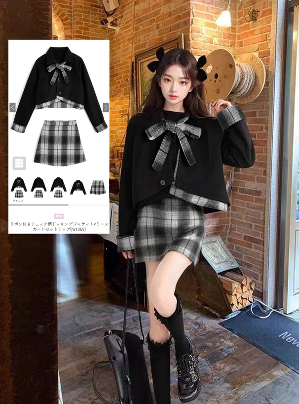 リボン付きチェック柄ドッキングジャケット×ミニスカートセットアップ