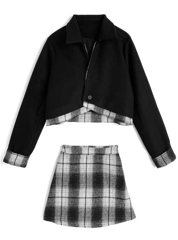 リボン付きチェック柄ドッキングジャケット×ミニスカートセットアップ