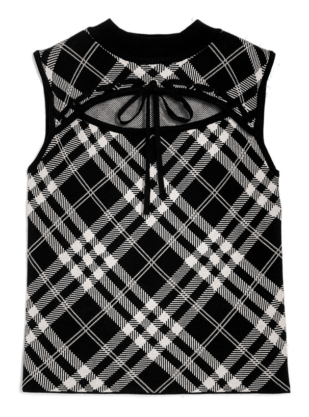 チェック柄フロントオープンリボンノースリーブニットトップス