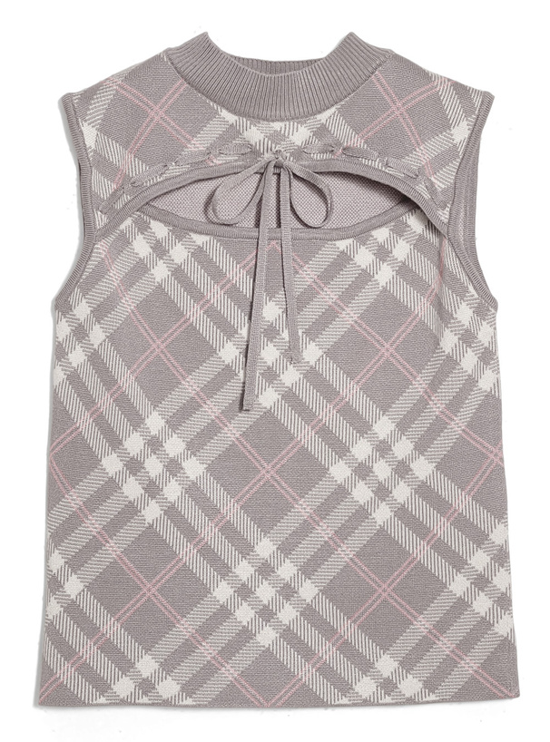 チェック柄フロントオープンリボンノースリーブニットトップス