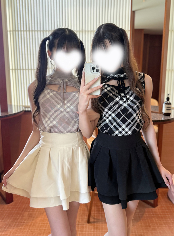 チェック柄フロントオープンリボンノースリーブニットトップス