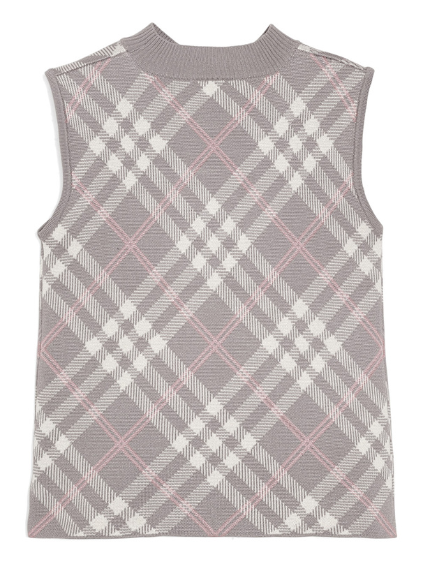 チェック柄フロントオープンリボンノースリーブニットトップス