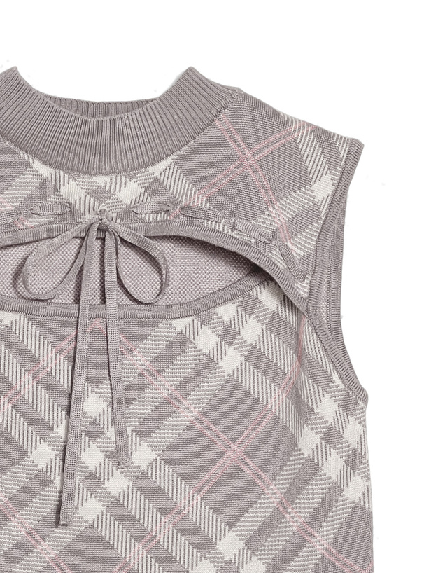 チェック柄フロントオープンリボンノースリーブニットトップス