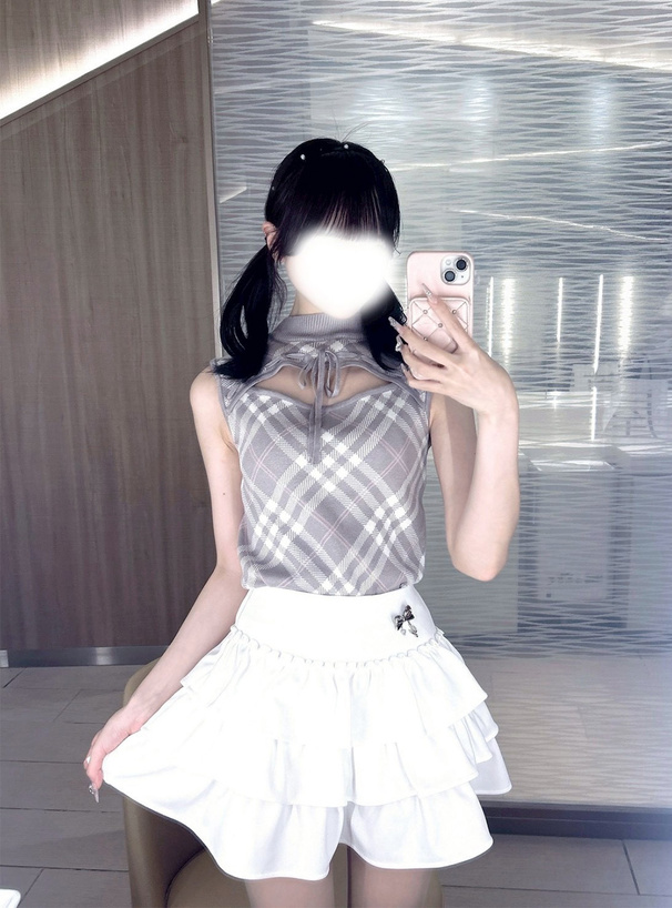 チェック柄フロントオープンリボンノースリーブニットトップス