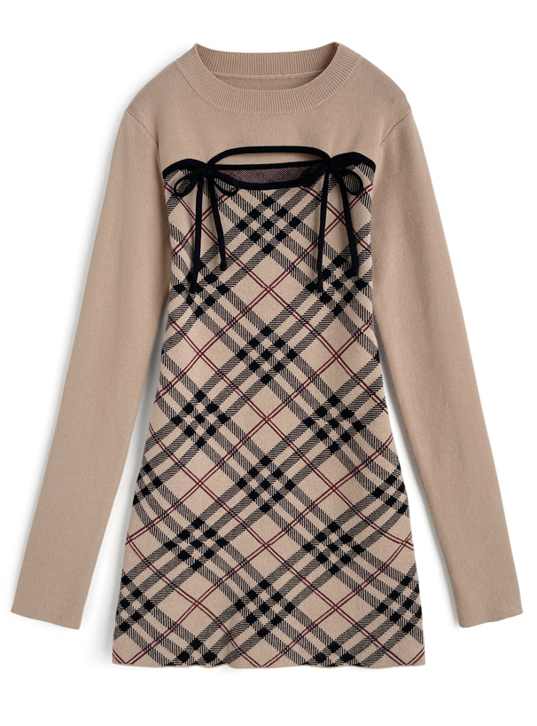 チェック柄フロントオープンリボンニットミニワンピース[ru1372]