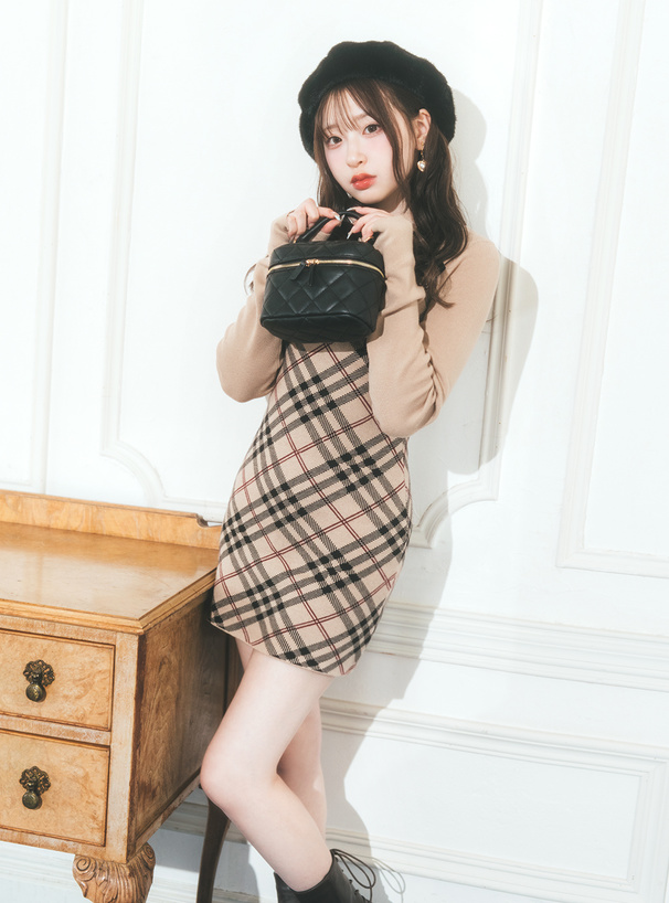 チェック柄フロントオープンリボンニットミニワンピース[ru1372