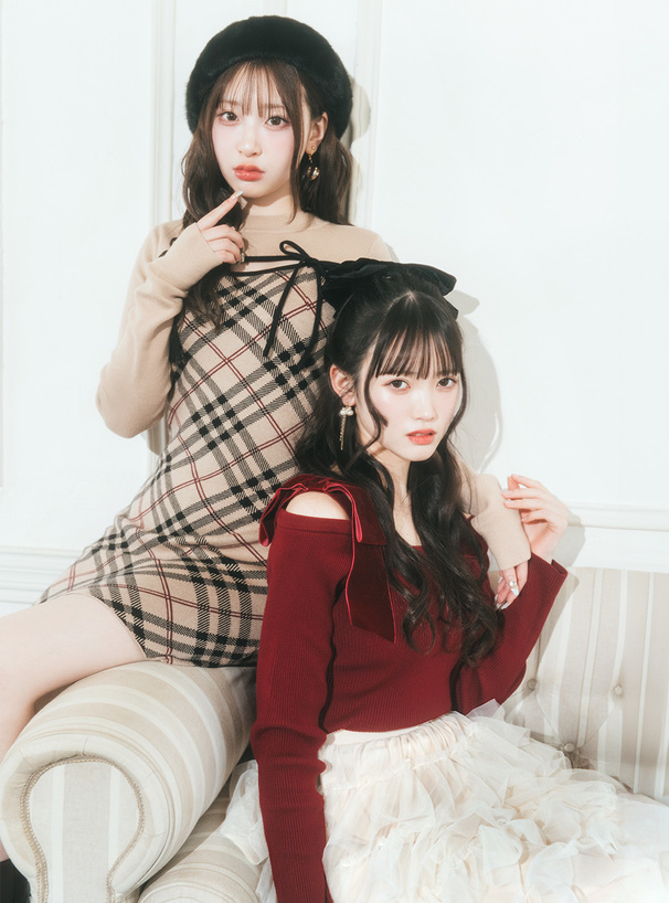 チェック柄フロントオープンリボンニットミニワンピース[ru1372