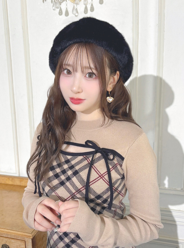 チェック柄フロントオープンリボンニットミニワンピース[ru1372