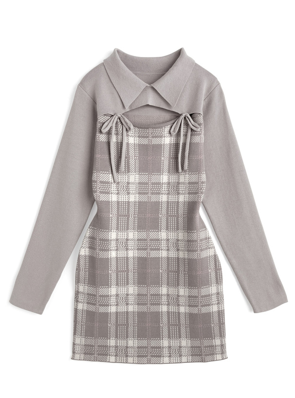 チェック柄フロントオープンリボンニットミニワンピース[ru1373