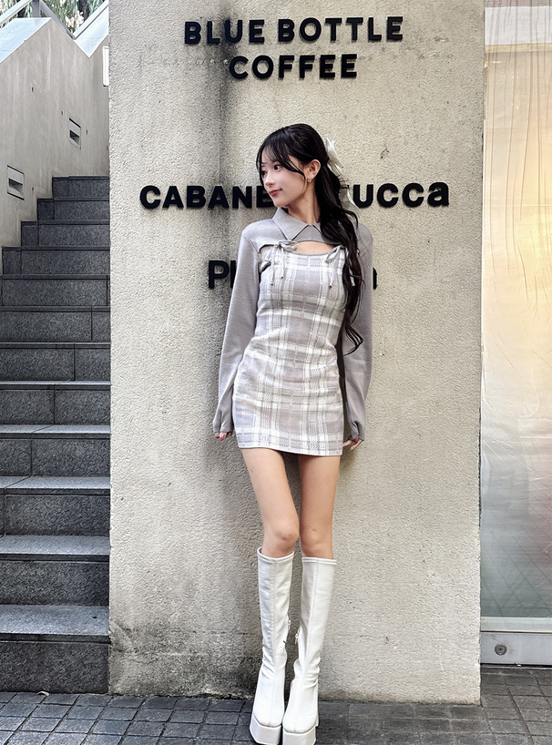 チェック柄フロントオープンリボンニットミニワンピース[ru1373