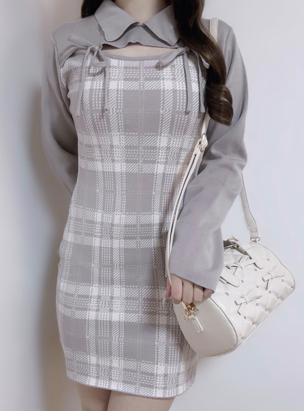チェック柄フロントオープンリボンニットミニワンピース[ru1373