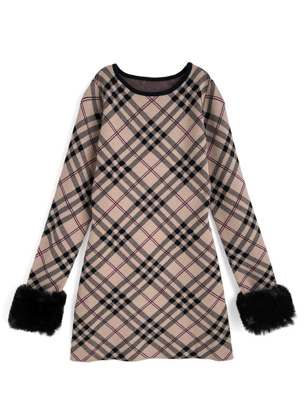 2Wayファー付きチェック柄ニットミニワンピース[ru1375]
