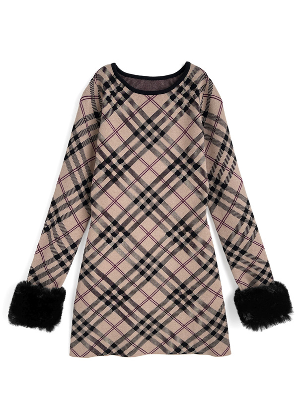 2Wayファー付きチェック柄ニットミニワンピース[ru1375] | レディース