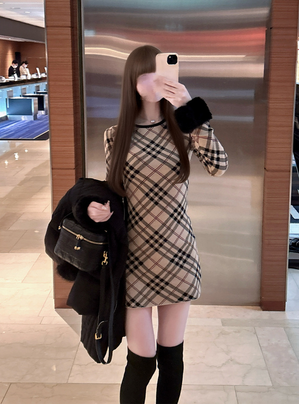 2Wayファー付きチェック柄ニットミニワンピース[ru1375] | レディース