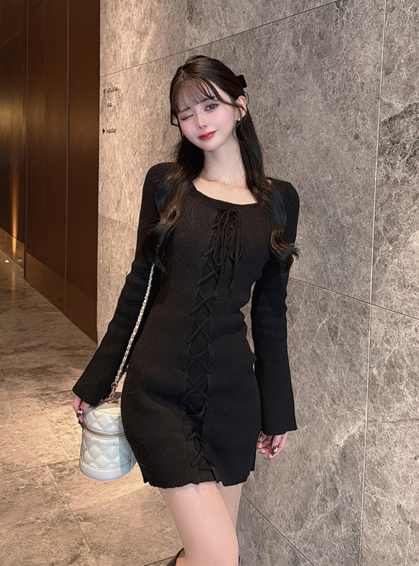 レースアップタイトニットミニワンピース[ru1376] | レディース