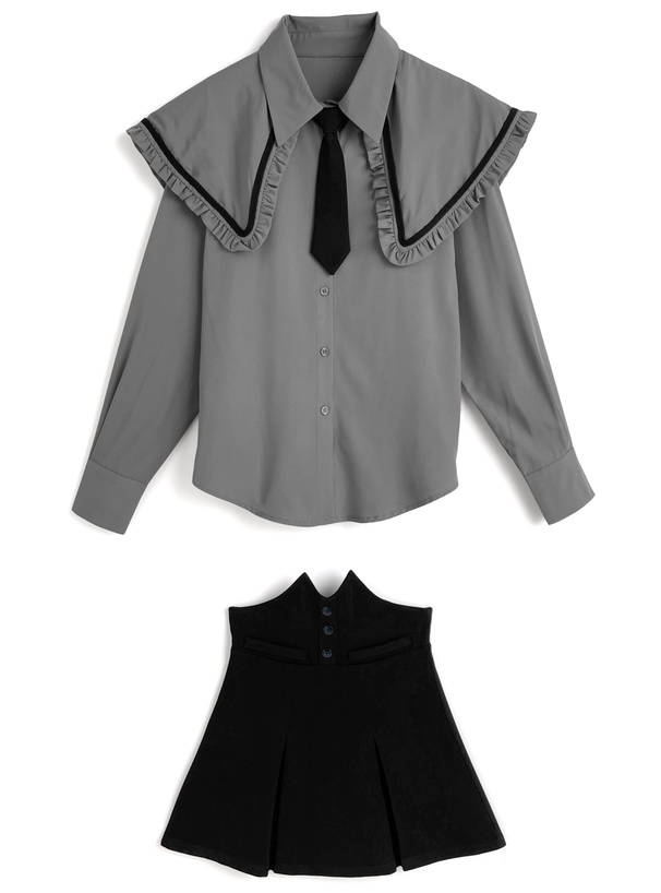 ネクタイ付きビッグカラーブラウス×デザインスカートセットアップ