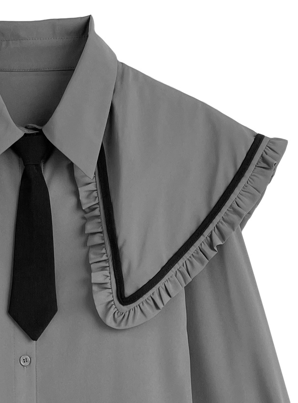 ネクタイ付きビッグカラーブラウス×デザインスカートセットアップ