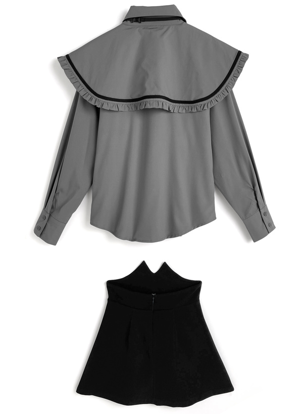 ネクタイ付きビッグカラーブラウス×デザインスカートセットアップ