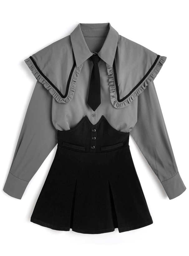 ネクタイ付きビッグカラーブラウス×デザインスカートセットアップ