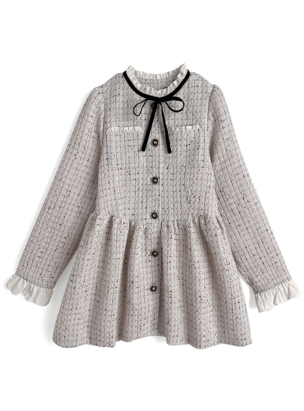 リボンフリルツイードフレアミニコート